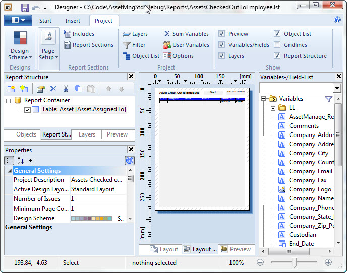 Use the AssetManage report designer to design asset reports